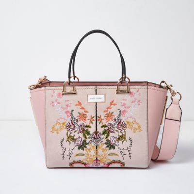Pink floral embroidered tote bag